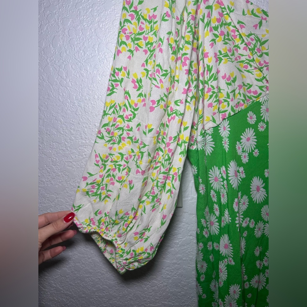 RIXO Daisy Long Puff Sleeve Swing Women’s Green Floral Maxi Dress Plus Size 16 - Picture 5 of 15